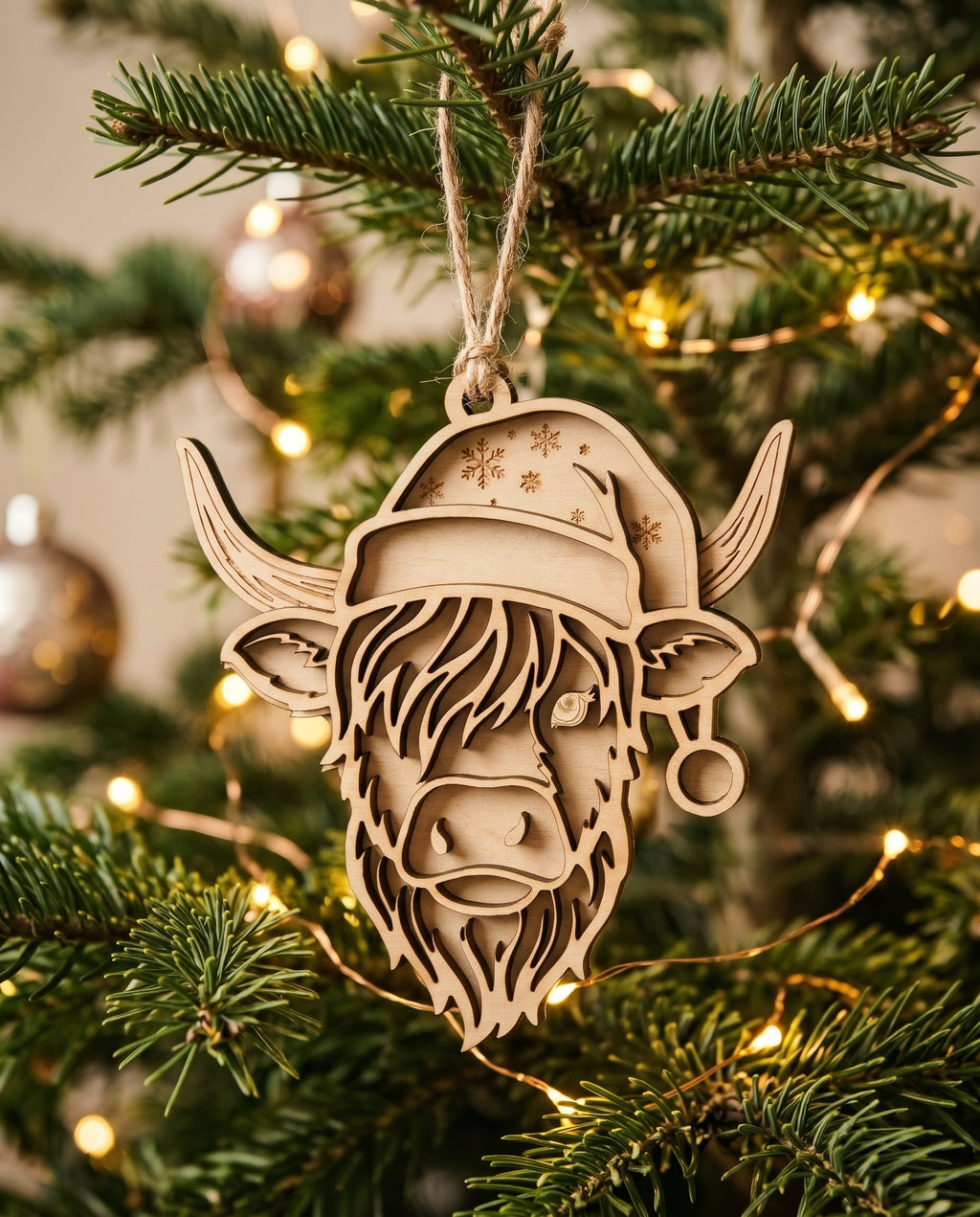 3D Layered Highland Cow Christmas Ornament with Santa Hat – Dz Designs
